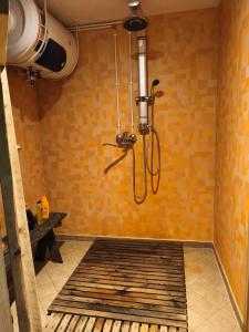a bathroom with a shower with a chandelier at Viini puhkemaja in Myustelʼ +18 photos