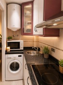 a kitchen with a washing machine and a microwave at APARTAMENTOS VIALIA SOL y PLAYA in Málaga