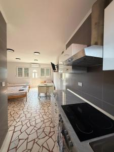 a kitchen with a stove and a counter top at Sobe Srebrno Jezero in Veliko Gradište