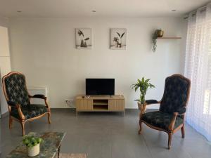 a living room with two chairs and a television at Apartment 65 m2 NE Rez de Jardin 2 chambres in Varetz