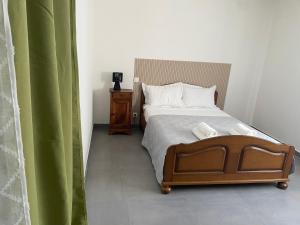 a bedroom with a bed and a green curtain at Apartment 65 m2 NE Rez de Jardin 2 chambres in Varetz