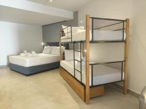 a bedroom with a bunk bed and a bunk ladder at CORFU INDUSTRIAL Studios in Corfu