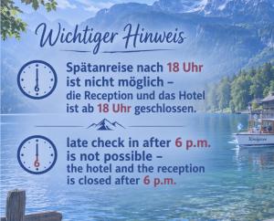 a sign for a hotel on a lake with a clock at Ferienwohnungen Weiherbach - Hallenbad in Berchtesgaden
