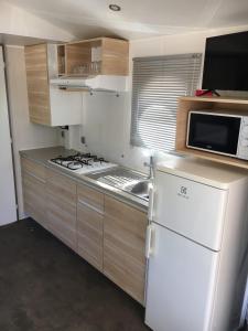 a kitchen with a white refrigerator and a microwave at Camping La Aventura Playa in Daimuz