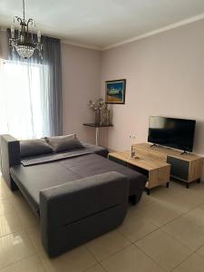 a living room with two beds and a flat screen tv at Artistic Retreat in Nafplio