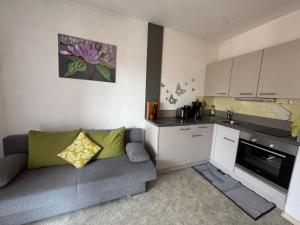ein Wohnzimmer mit Sofa und eine Küche in der Unterkunft Riedingerhof in Tisens + 7 Fotos