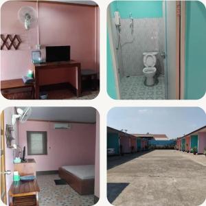 three pictures of a bathroom with a toilet and a shower at Saran Resort room 4 in Ban Khok Wat