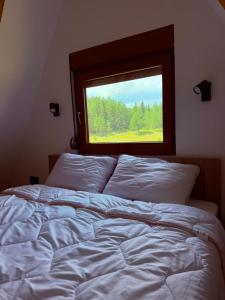 a bed in a room with a window above it at Zelena dolina Zminica in Zminica