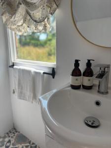 a bathroom with a sink with two bottles on it at Blackthorn and Rose Shepherds Huts in Scribbagh +17 photos