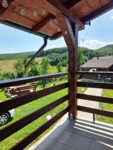 a view from the porch of a house with a fence at Casă Bubu in Cacica