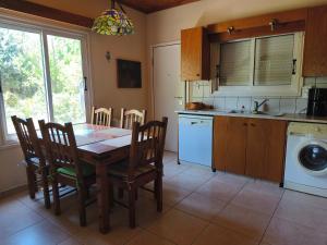 a kitchen with a table and chairs and a washing machine at Greenfield House in Psevdhas