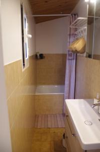 a bathroom with a tub and a sink at Charmant appartement climatisé en plein coeur du village et proche des plages avec wifi in Cervione +16 photos