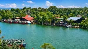 a group of boats on a river with trees at H&H Boutique Hotel in Cukai