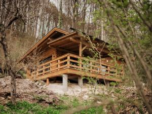 eine Blockhütte im Wald mit Bäumen in der Unterkunft Romantikchalet Vogelnest mit Whirlpool, Kamin, Balkon & Terrasse in Vorra