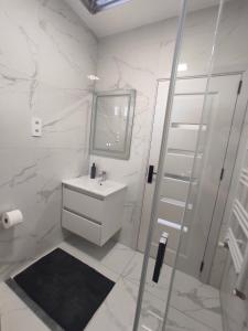 a white bathroom with a sink and a shower at Kovács-Otthon in Vásárosnamény