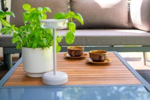 a coffee table with two cups and a plant on it at Osada Malawka pod Śnieżką - wypoczynek w saunie lub jacuzzi z widokiem na góry in Karpacz +52 photos