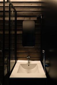 a bathroom with a white sink and a mirror at Yllas Cabin for Work, Ski and Relax in Kolari