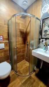 a shower in a bathroom with a toilet and a sink at 4 Rooms in Gjirokastër +38 photos