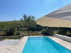 a swimming pool with an umbrella next to it at Holiday Home “Vuko” in Trilj