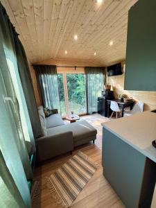 a living room with a couch and a table at Ubytovanie Lišov 3 - Tiny House in Lišov
