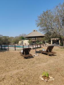 a group of picnic tables and an umbrella on a field at Masango Lodge in Hoedspruit