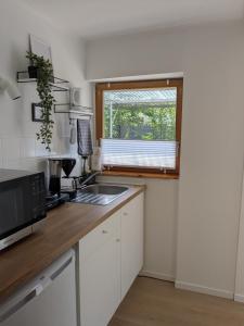a small kitchen with a sink and a window at Ferienwohnung in Ranzig - klein aber fein in Tauche
