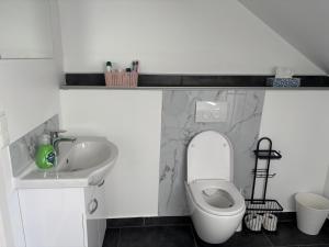 a white bathroom with a sink and a toilet at Vilseck Stay - Studio Suite in Vilseck