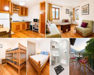 a collage of photos of a kitchen and a living room at Hiša Mila in Bovec