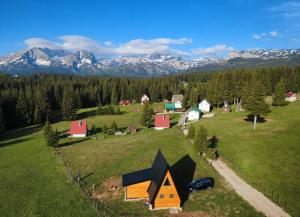an aerial view of a small village in the mountains at Vila Vida in Žabljak