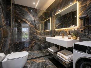 a bathroom with a black marble wall at Alfred Promenade Apartments in Sarandë +18 photos