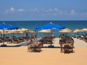 a beach with tables and chairs and blue umbrellas at Mad Sea Beach Hotel in Şile