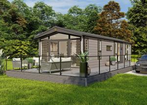 a rendering of a tiny house in a yard at Monarch Lakes in Boston