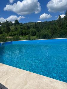 a swimming pool with blue water and trees in the background at LAVANDA hotel club in Slavske