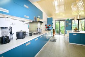 a large kitchen with blue cabinets and appliances at Villa Antema in Riambel
