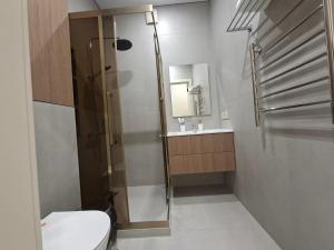 a bathroom with a shower and a toilet and a sink at Central Avenue in Karagandy