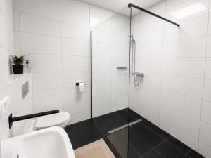 a bathroom with a toilet and a glass shower at Schängel Chic 16 in Koblenz