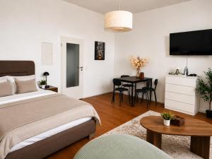 a bedroom with a bed and a table with a television at Schängel Chic 16 in Koblenz