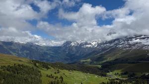 a view of a mountain range with snow covered mountains at Stöcki-Grindelwaldblick in Kleine Scheidegg