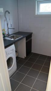 a small bathroom with a sink and a washing machine at Kvalheim Nordfjord in Myre +16 photos