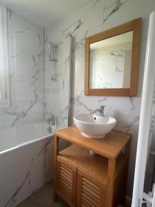 a bathroom with a sink and a mirror and a tub at Gîte Prat in Arette +10 photos