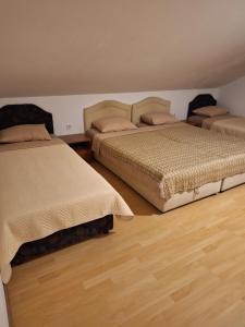 two beds in a bedroom with wooden floors at Apartmani Medojević in Radanovići +29 photos