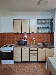 a kitchen with a stove and a microwave in it at Apartmani Medojević in Radanovići
