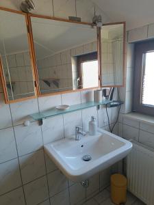 a bathroom with a sink and a mirror at FeWo Waschbär in Waldeck +26 photos