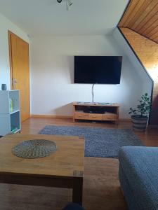 a living room with a large flat screen tv at FeWo Waschbär in Waldeck