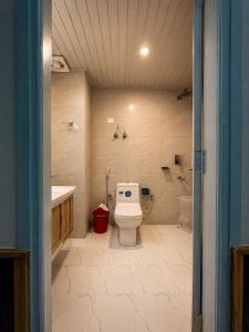 a bathroom with a toilet and a sink at Apple Flower Hotel - Personal Balcony, Lift, Garden and Mountain View in Manāli