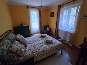 a bedroom with a bed and two windows at Hangvilla Vendégház in Miskolc