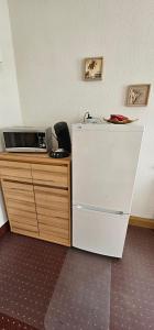 Eine Küche mit Mikrowelle und Kühlschrank auf der Arbeitsfläche. in der Unterkunft Miniapartement in Netzschkau