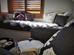 CHILL-OUT - Thredbo في ثريدبو: غرفة معيشة مع أريكة مع كتاب