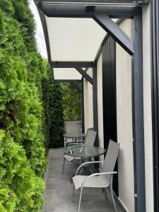 eine Terrasse mit einem Glastisch, Stühlen und Büschen in der Unterkunft Casa Noa in Marginea