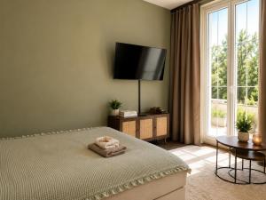 a bedroom with a bed with a flat screen tv on the wall at Schängel Chic 2 in Koblenz